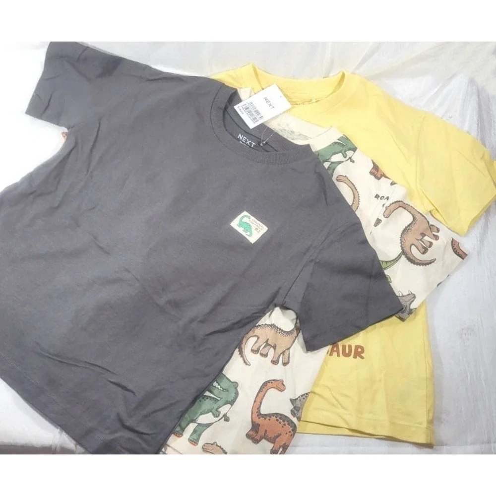 Next Boy's 3-Pack Monochrome/Yellow Dinosaur Short Sleeve T-Shirts Sz 5-6 Years